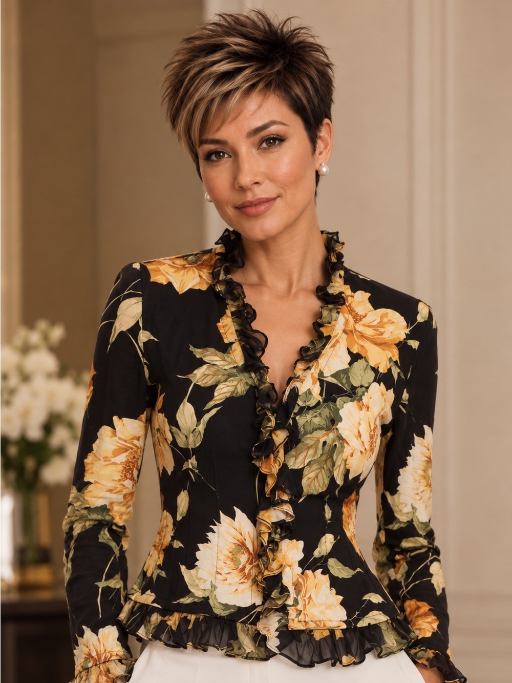 St. John Sport Floral Ruffle-Trim Black w/ Yellow Blooms Jacket - Size P (Small)